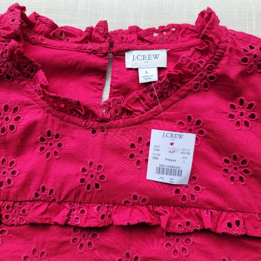 New! J.Crew sz Large L Ruffleneck Eyelet-Yoke Top in Berry Red NWT